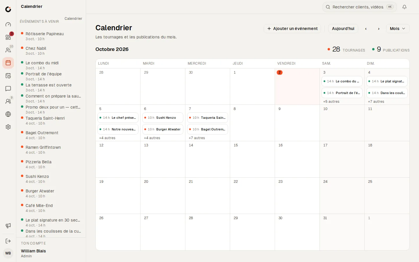 Calendrier du mois dans Clics : tournages et publications de toutes les marques.
