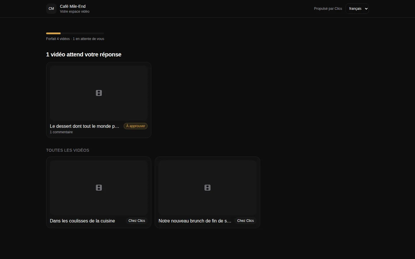 Espace client : le client voit ses vidéos et celle qui attend son approbation.