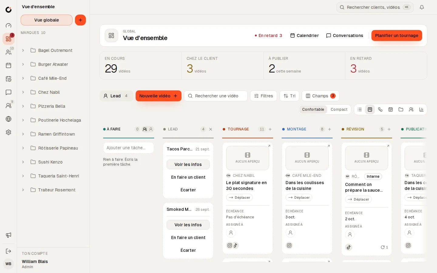 Colonne des leads dans le pipeline de Clics, avec les actions Voir les infos, En faire un client et Écarter.