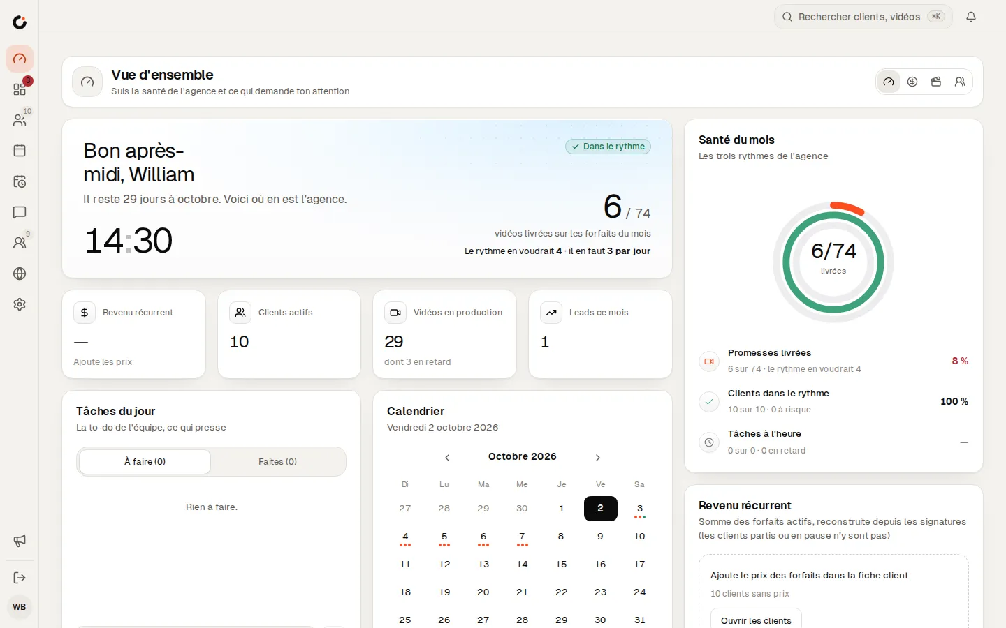 Tableau de bord de Clics : santé du mois, clients actifs, vidéos en production et calendrier.